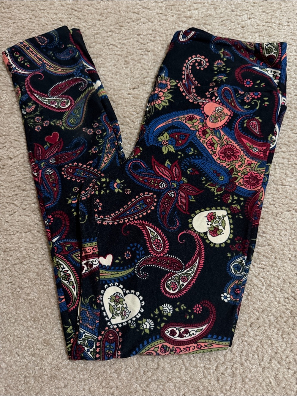 LuLaRoe Black Paisley Heart Leggings with Multicolor Floral Print - OS